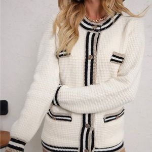 Striped Pattern Button Up Crew Neck Cardigan